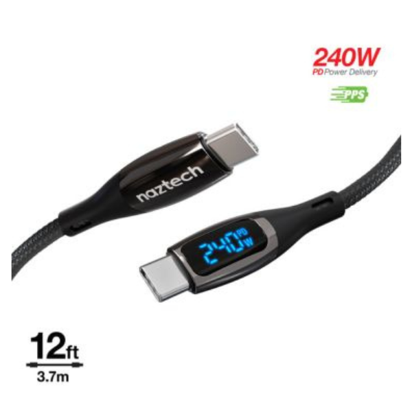 MS53839 Charge  and  Sync USB-C to USB-C 240W DigiWatt Fast Charge Cable with LED Power Display 12ft PD Industrial Strength Braided