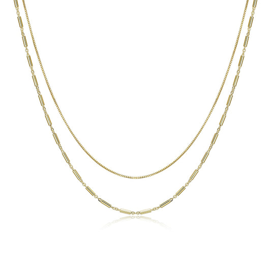 Layered Box and Tube Link Cable Chain Necklace - Gold