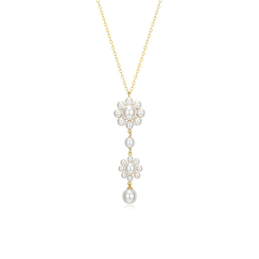 Pearl Flower Long Drop Shell Pearl Necklace - Gold