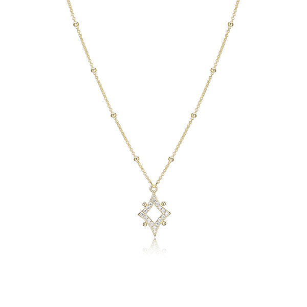 ELLE "Stellar" Sterling Silver Gold Plated Rhombus with Pave Cubic Zirconia Necklace with Bead Chain - Gold
