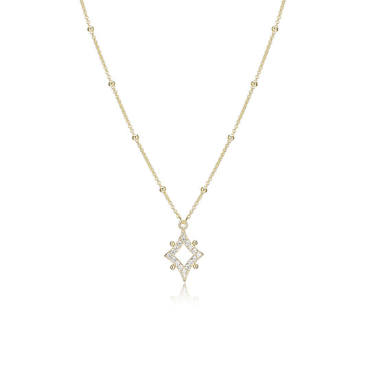ELLE "Stellar" Sterling Silver Gold Plated Rhombus with Pave Cubic Zirconia Necklace with Bead Chain - Gold