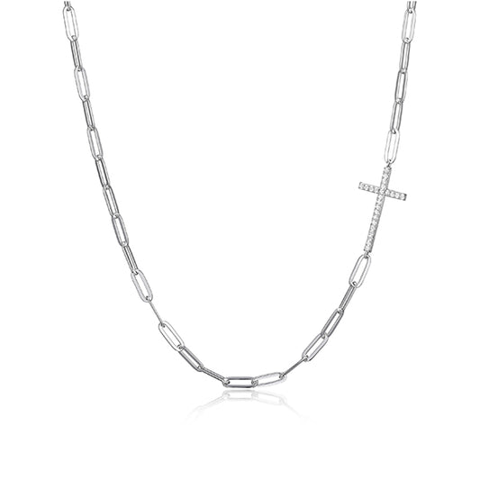 Charles Garnier Sterling Silver "PAPERCLIP" 3.5mm Link Side Way Cross with CZ Necklace - Silver