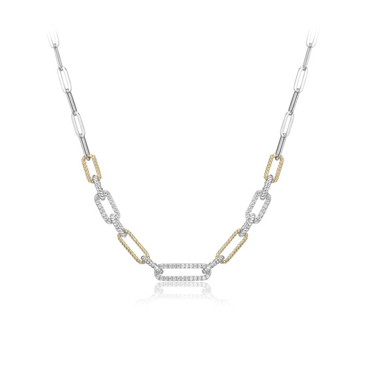 Charles Garnier Sterling Silver "PAPERCLIP" Rope and CZ with 4mm Link Necklace - Silver and Gold