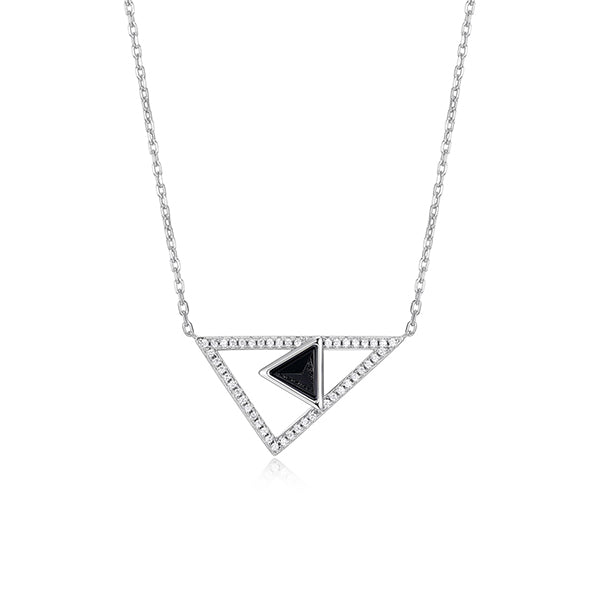ELLE "Spatial" Sterling Silver Black Agate and Pave Cubic Zirconia Triangle Necklace - Silver