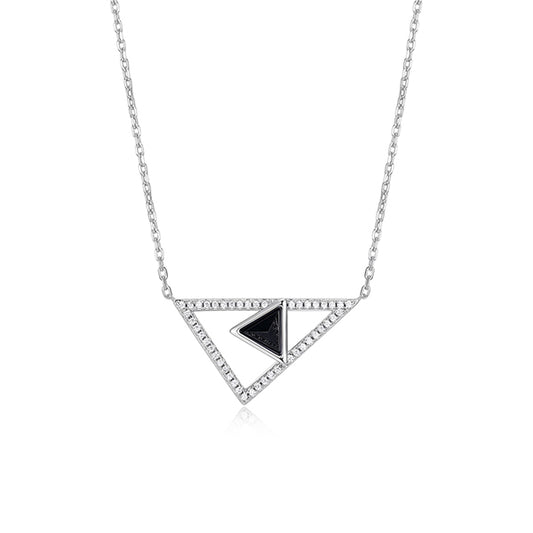 ELLE "Spatial" Sterling Silver Black Agate and Pave Cubic Zirconia Triangle Necklace - Silver