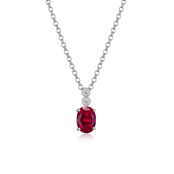 ELLE "Holiday Stars" Oval Created Ruby and Lab Grown Diamond Solitaire Necklace - Silver
