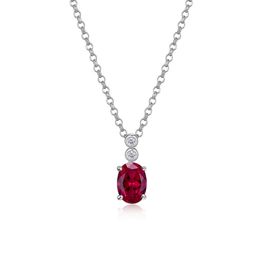 ELLE "Holiday Stars" Oval Created Ruby and Lab Grown Diamond Solitaire Necklace - Silver