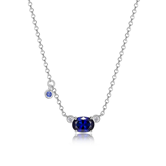 ELLE "Blue Star" Sterling Silver Oval Created Sapphire and Round Lab Grown Diamond Necklace - Silver