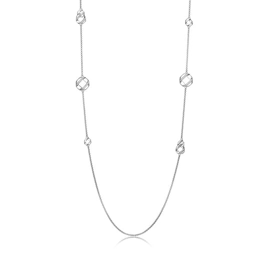 ELLE "Lattice" Sterling Silver Hexagon and Pave Cubic Zirconia Station Long Necklace - Silver