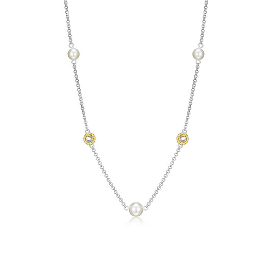 ELLE "Majestic" 2 Tone Sterling Silver with White Pearl and Round Cubic Zirconia Necklace - Gold and Silver