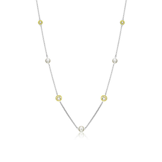 ELLE "Majestic" 2 Tone Sterling Silver with White Pearl and Round Cubic Zirconia Station Necklace - Gold and Silver