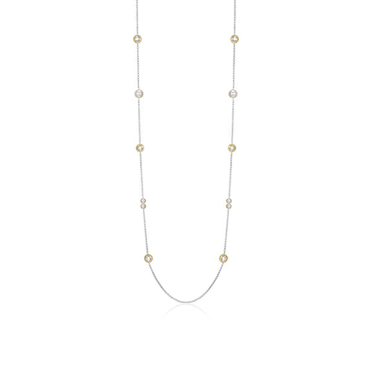 ELLE "Majestic" 2 Tone Sterling Silver with White Pearl and Round Cubic Zirconia Station Long Necklace - Gold and Silver