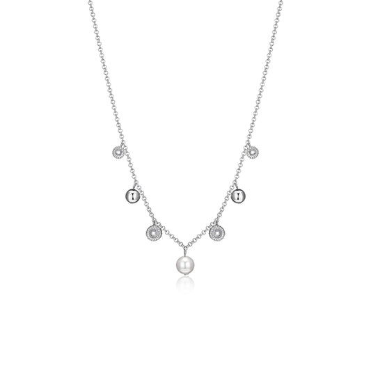 ELLE "Majestic" Sterling Silver with White Pearl and Cubic Zirconia Charm Necklace - Silver