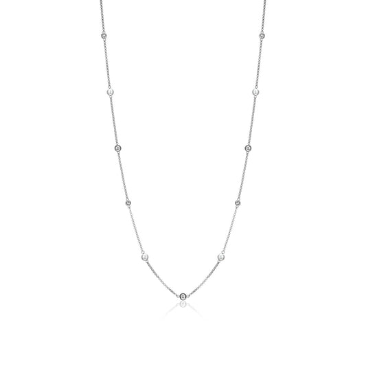 ELLE "Majestic" Sterling Silver with White Pearl and Round Cubic Zirconia Bead Station Necklace- Silver
