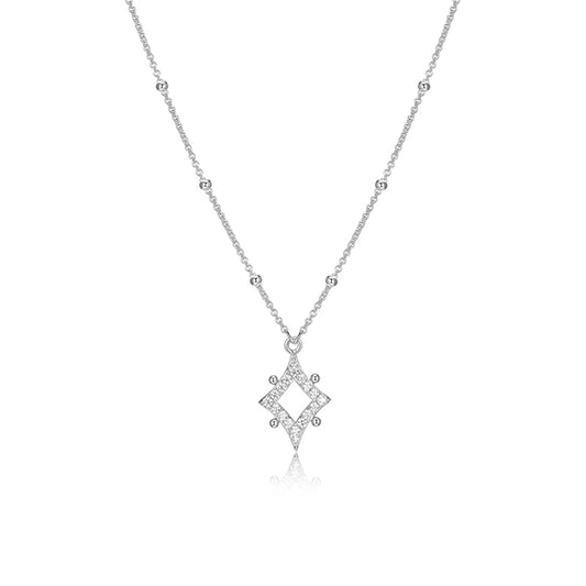 ELLE "Stellar" Sterling Silver Rhodium Plated Rhombus with Pave Cubic Zirconia Necklace with Bead Chain - Silver