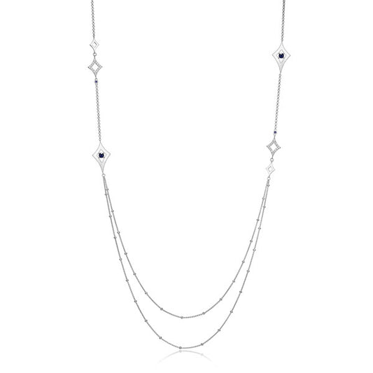 ELLE "Stellar" Double Layer Station Long Necklace with Sapphire - Silver