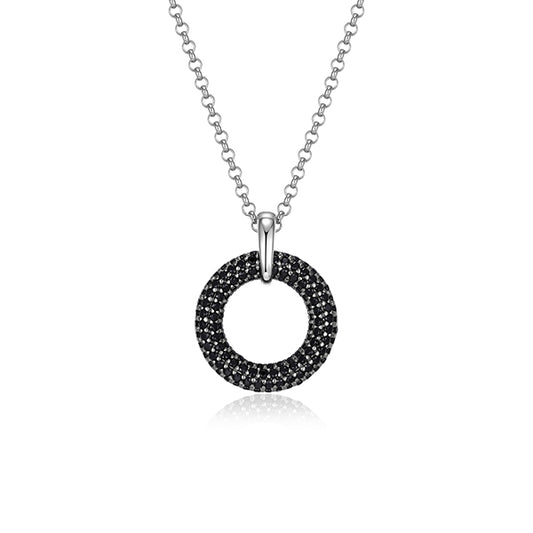 ELLE "Stardust" Round Black Spinel in 15mm Circle Pendant with Rolo Chain - Black