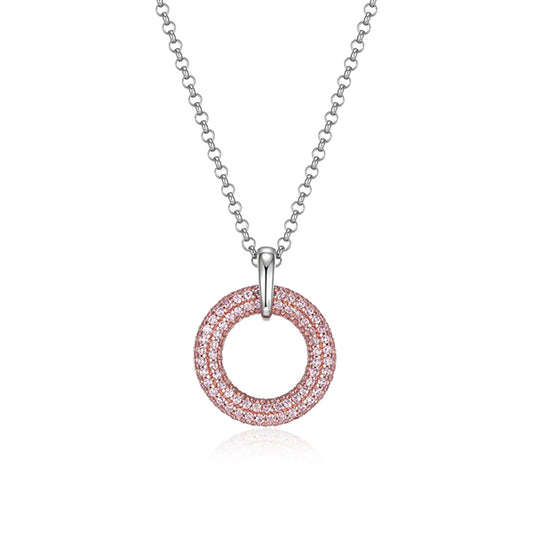 ELLE "Stardust" Round Clear Cubic Zirconia in 15mm Circle Pendant with Rolo Chain - Rose Gold