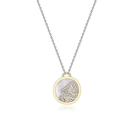 ELLE "Protect Love" Mother of Pearl and Pave Cubic Zirconia Butterfly Wing Motif Necklace - Silver and Gold