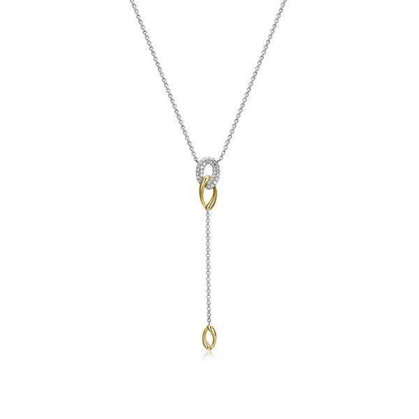 ELLE "Ebullience" Twisted Oval Link with Cubic Zirconia Lariat Necklace - Silver and Gold