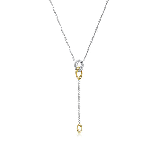 ELLE "Ebullience" Twisted Oval Link with Cubic Zirconia Lariat Necklace - Silver and Gold
