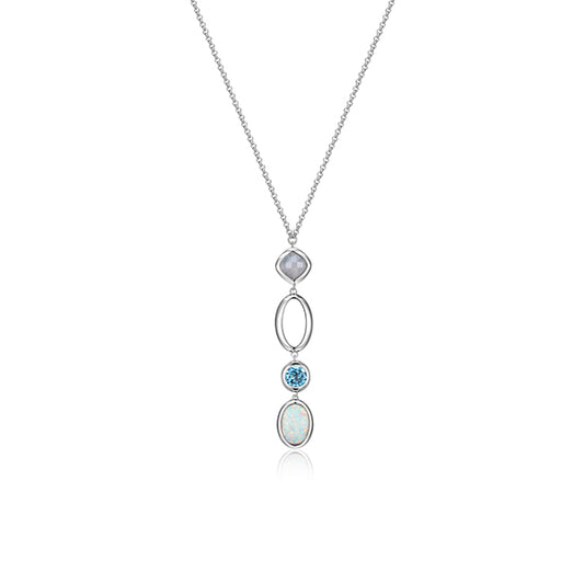 ELLE "Mirage" Topaz and Agate with Opal Bezel Set Long Necklace - Silver
