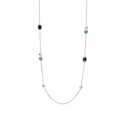 ELLE "Mirage" Cushion Cut Amazonite and Oval Hematite Station Long Necklace - Silver