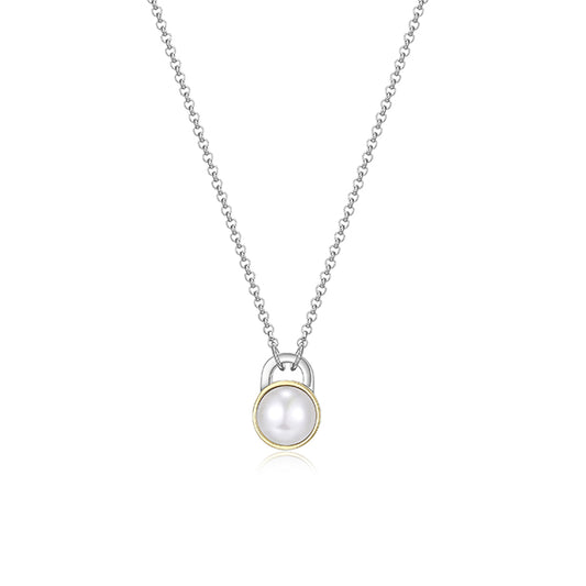 ELLE "Parallel" Sterling Silver Bezel Set with White Pearl Necklace - Silver and Gold