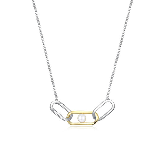 ELLE "Parallel" Sterling Silver Open Oblong Link with White Pearl Necklace - Silver and Gold