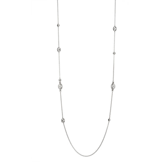 ELLE "Espion" Sterling Silver with Pave Cubic Zirconia and Bead Station Long Necklace - Silver