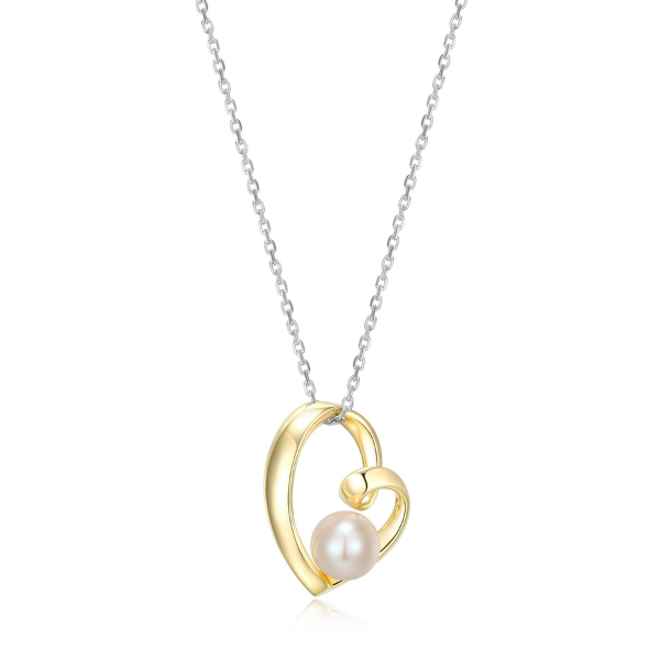 NR0LBW44-2T Amour White Pearl Swirl Heart Pendant Two Tone Necklace