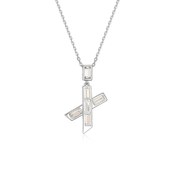 ELLE "Baguette" Straight Baguette Cubic Zirconia Criss-Cross Pendant Necklace - Silver