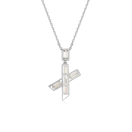 ELLE "Baguette" Straight Baguette Cubic Zirconia Criss-Cross Pendant Necklace - Silver