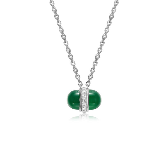 ELLE "Pivot" Genuine Light Green Agate & Cubic Zirconia Oval Pendant Necklace - Silver