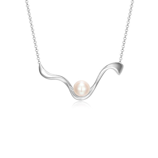 ELLE "Luna" Genuine White Pearl Wavy Pendant Necklace - Silver