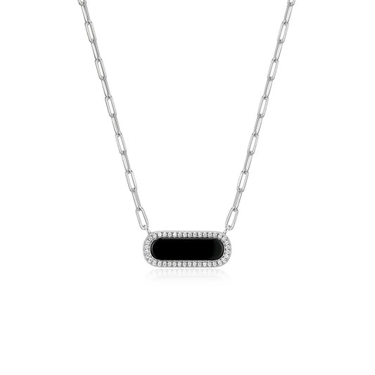 Charles Garnier Sterling Silver "Paperclip" Oval Black Agate with CZ and Chain Necklace - Silver