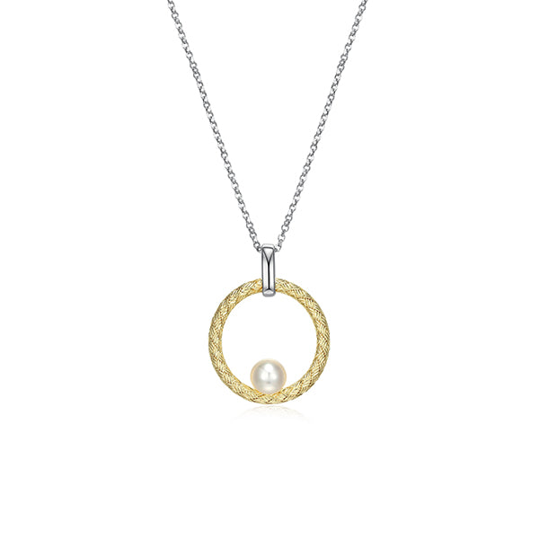 Charles Garnier Sterling Silver "Venus" White Pearl on Mesh Circle Necklace - Silver and Gold