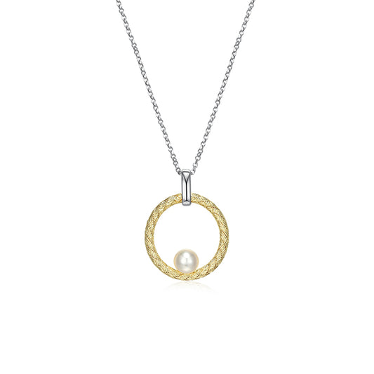 Charles Garnier Sterling Silver "Venus" White Pearl on Mesh Circle Necklace - Silver and Gold