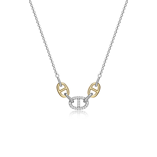 Charles Garnier Sterling Silver "Mariner Link" with Diamondlite Necklace - Silver and Gold