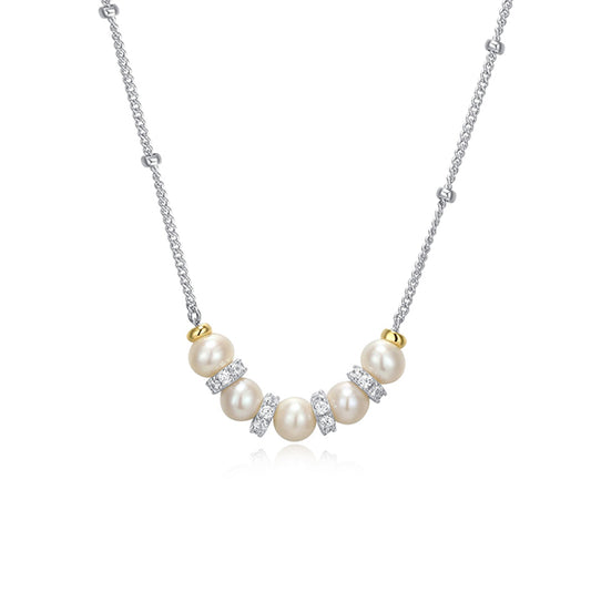 Charles Garnier Sterling Silver "New Mesh" Genuine Pearl & CZ Necklace - Silver and Gold