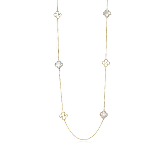 Charles Garnier Sterling Silver "Bliss" Mother of Pearl with CZ Clover Station Long Necklace - Gold
