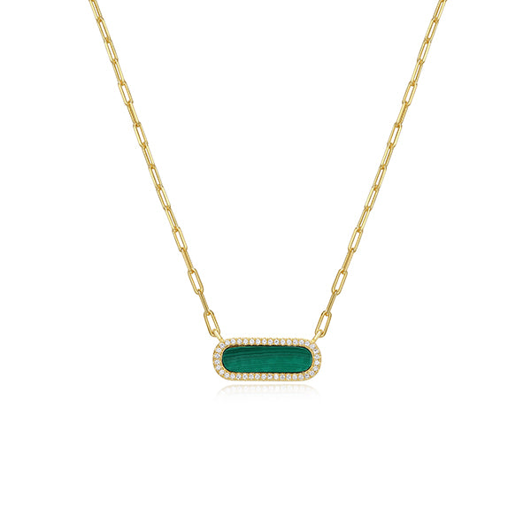 Charles Garnier Sterling Silver "Paperclip" Malachite with Diamondlite Necklace - Gold