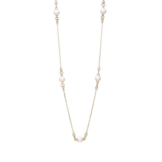 Charles Garnier Sterling Silver "Venus" Genuine White Pearl with CZ Station Necklace - Silver and Gold