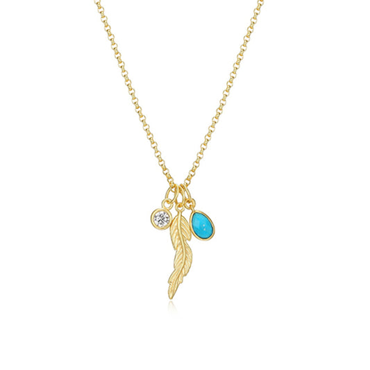 Poetic Collection Diamondlite Cubic Zirconia Round Bezel, Turquoise Magnesite and Feather Rolo Charm Necklace - Gold