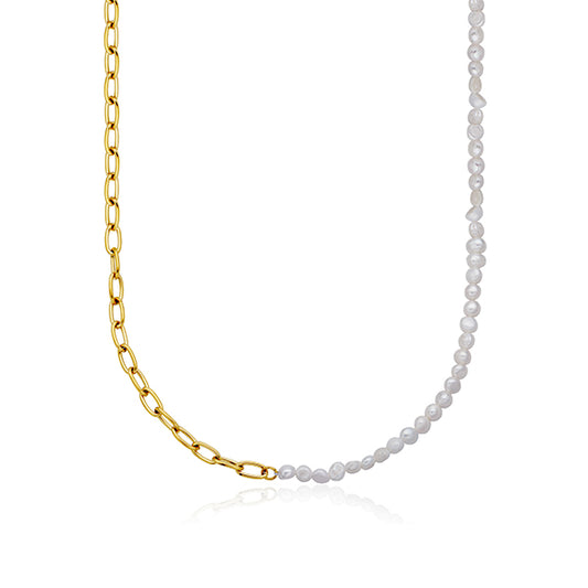 CJ Steelx Freshwater Pearl and Link Chain Necklace - Gold