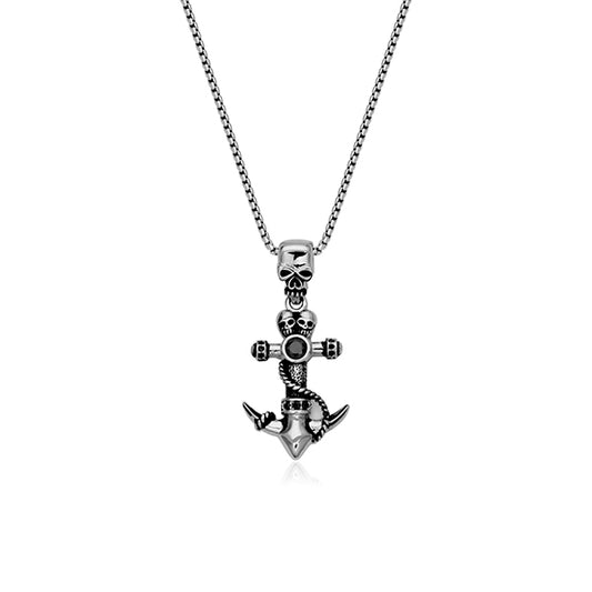 CJ STEELX Black CZ Skull Anchor Pendant - Silver