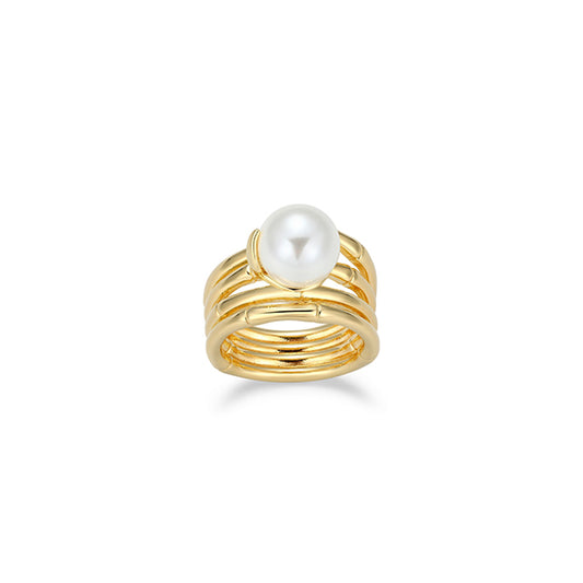 Lucky Bamboo 10mm Shell Pearl Ring - Gold - Size 7