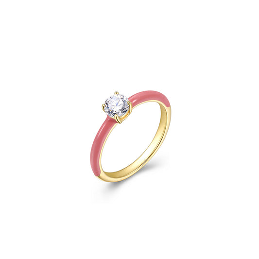 Cotton Candy Collection Round Diamondlite Cubic Zirconia Enamel Solitaire Ring- Dark Pink - Size 7