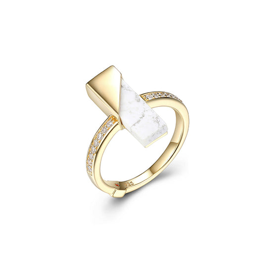ELLE "Spatial" Sterling Silver Howlite and Pave Cubic Zirconia Bar Ring - Gold - Size 6