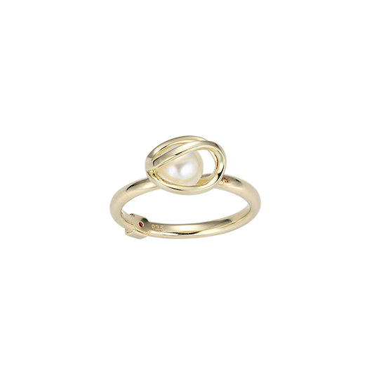 ELLE "Luna" Sterling Silver Cage with White Pearl Ring - Gold - Size 7